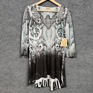 One World Live and Let Live Sz XL Tunic Blouse White Black Ombre Floral Studded